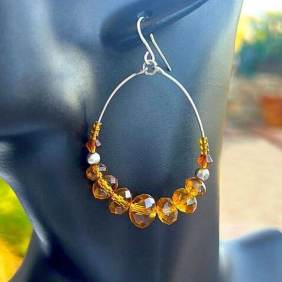Golden Crystal Beaded Hoop Earrings - Picture 1 of 8